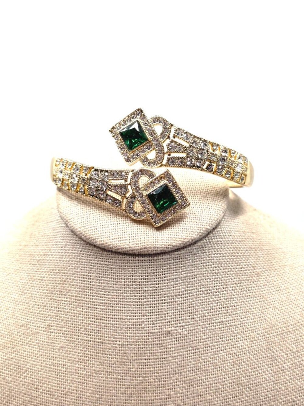 Gold-Tone Emerald & CZ Stone Adjustable Bracelet With Art Deco-Inspired Design